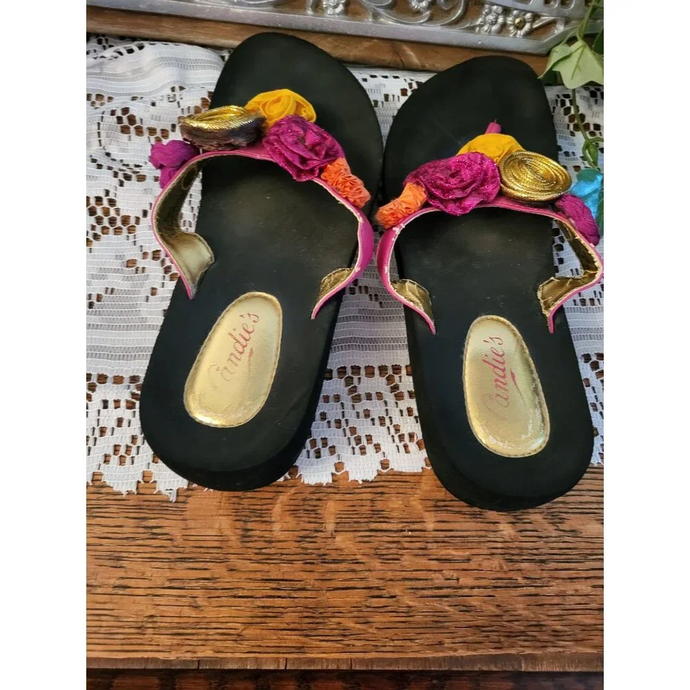 Vintage y2k Pink/Gold Candies Rose Flip Flop sz M 7/8 Boho Glam Beach Vacation - Picture 4 of 5